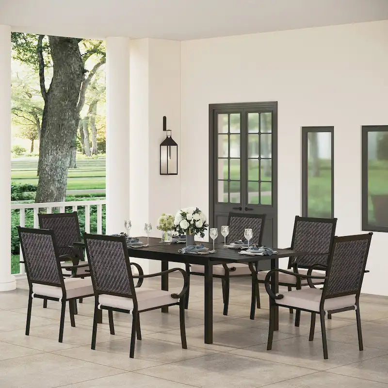 MAISON ARTS 7/9-piece Patio Dining Set, 6/8 Rattan Chairs with Cushions and 1 Expandable Metal Table
