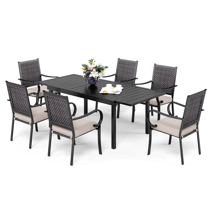 MAISON ARTS 7/9-piece Patio Dining Set, 6/8 Rattan Chairs with Cushions and 1 Expandable Metal Table