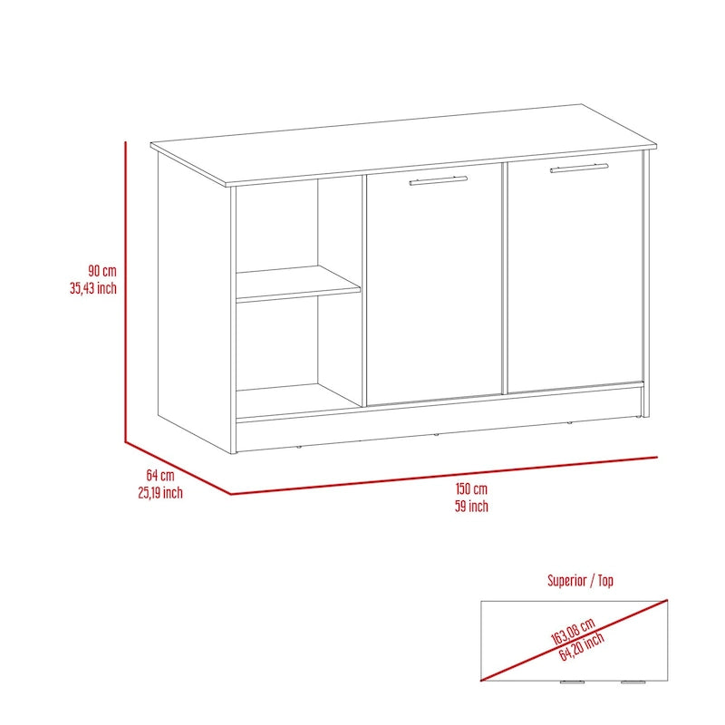 TUHOME Juniper Kitchen Island with Large Top Surface, Double Door Cabinet, and Open Shelves