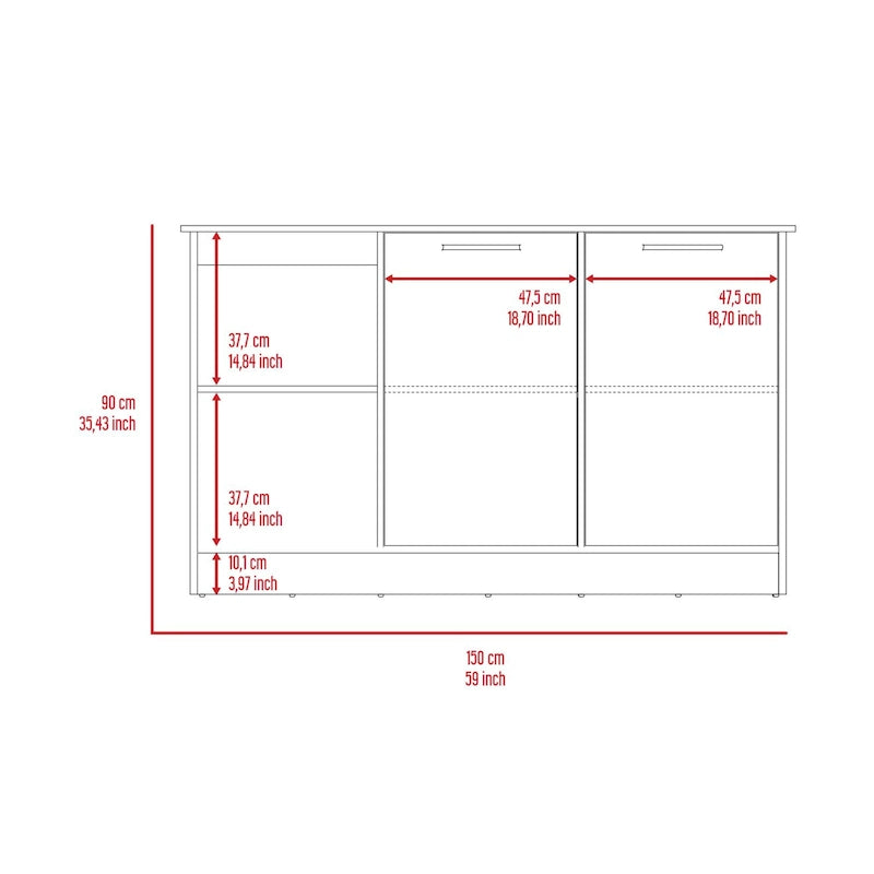 TUHOME Juniper Kitchen Island with Large Top Surface, Double Door Cabinet, and Open Shelves