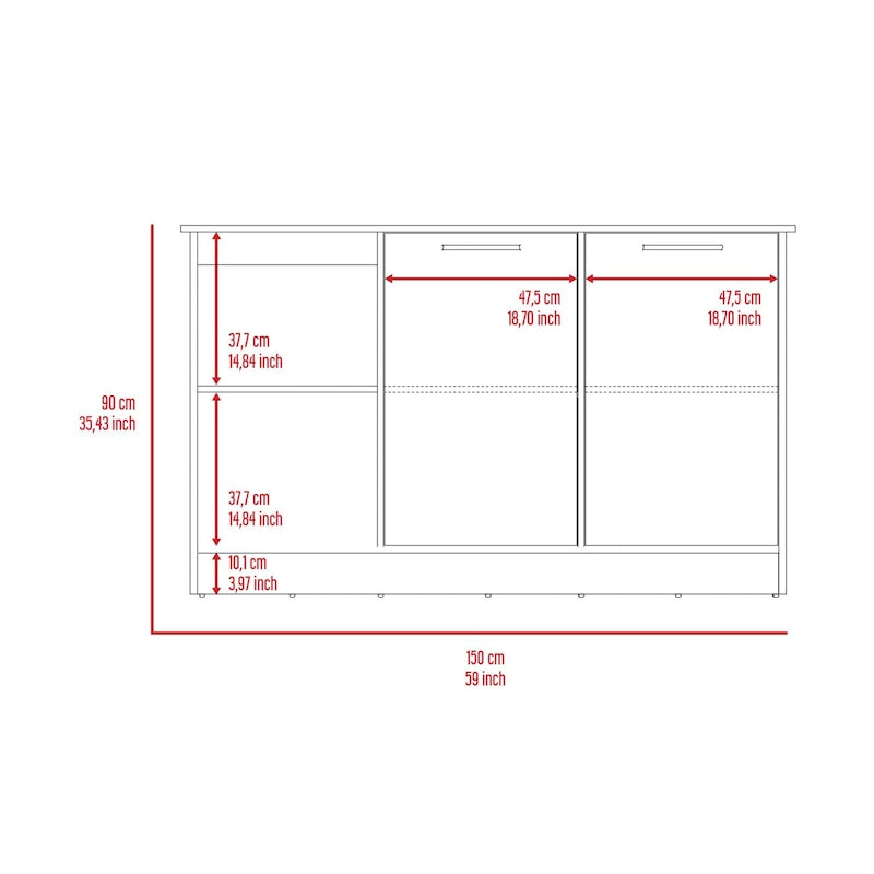 TUHOME Juniper Kitchen Island with Large Top Surface, Double Door Cabinet, and Open Shelves