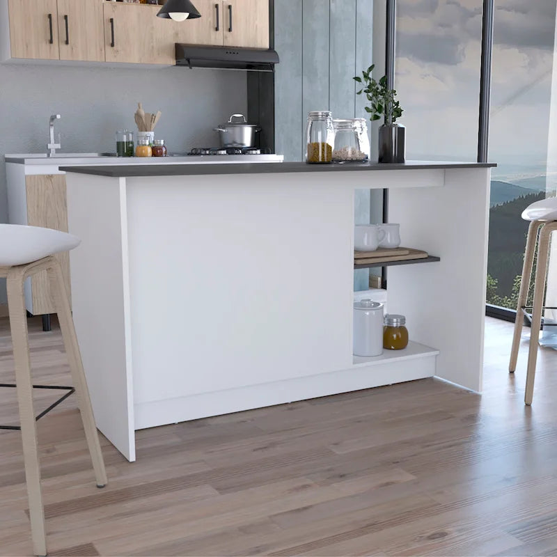 TUHOME Juniper Kitchen Island with Large Top Surface, Double Door Cabinet, and Open Shelves
