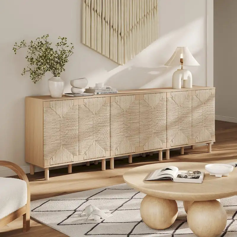 Nathan James Beacon Wood Accent Cabinet with Seagrass Doors and Adjustable Shelf