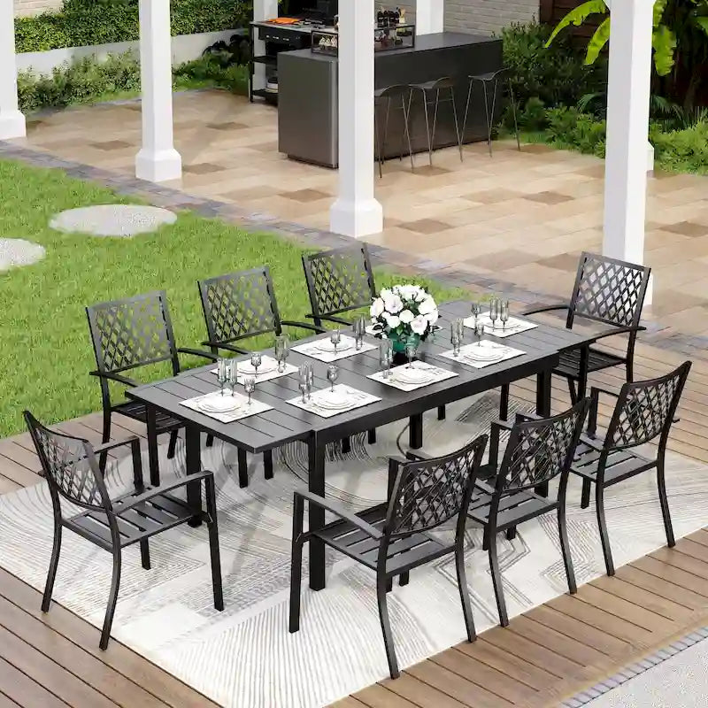 MAISON ARTS Seats up to 6/8 Outdoor Patio Dining Set, 6/8 Metal Stackable Chairs, 1 Rectangular Expandable Table