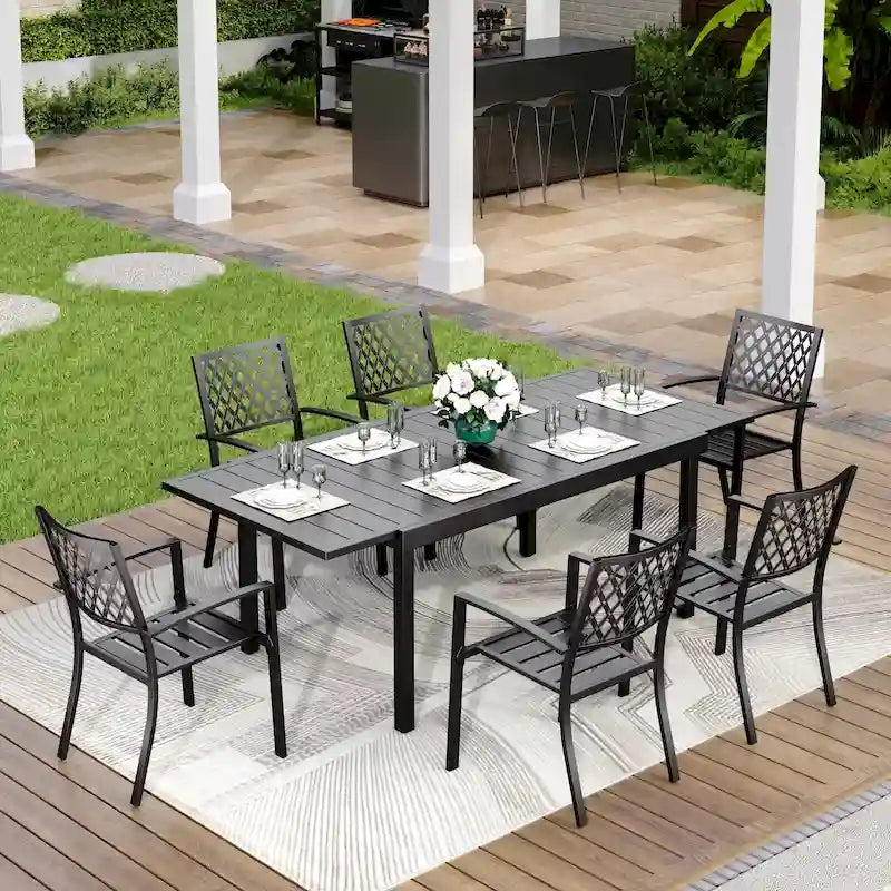 MAISON ARTS Set da pranzo da esterno con posti a sedere per 6/8 persone, 6/8 sedie impilabili in metallo, 1 tavolo rettangolare allungabile