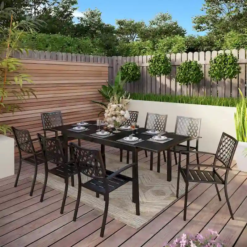MAISON ARTS Seats up to 6/8 Outdoor Patio Dining Set, 6/8 Metal Stackable Chairs, 1 Rectangular Expandable Table