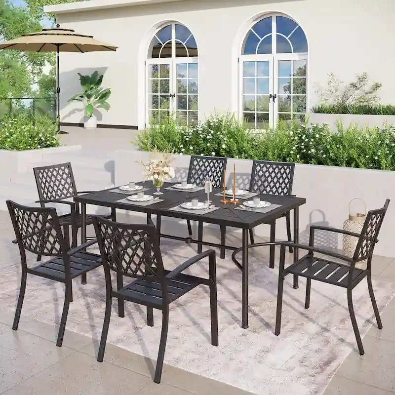 MAISON ARTS Seats up to 6/8 Outdoor Patio Dining Set, 6/8 Metal Stackable Chairs, 1 Rectangular Expandable Table