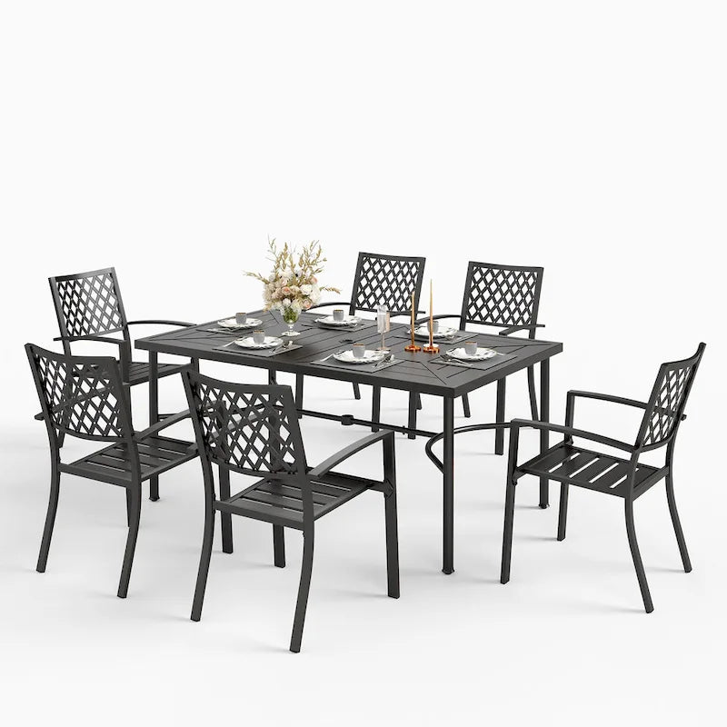 MAISON ARTS Seats up to 6/8 Outdoor Patio Dining Set, 6/8 Metal Stackable Chairs, 1 Rectangular Expandable Table