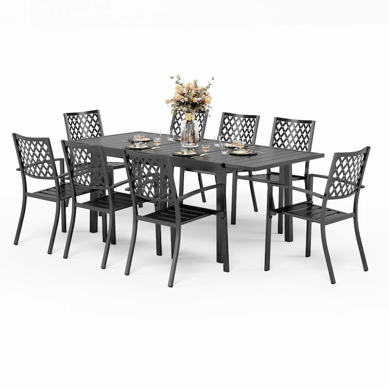 MAISON ARTS Seats up to 6/8 Outdoor Patio Dining Set, 6/8 Metal Stackable Chairs, 1 Rectangular Expandable Table