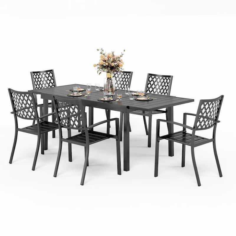 MAISON ARTS Seats up to 6/8 Outdoor Patio Dining Set, 6/8 Metal Stackable Chairs, 1 Rectangular Expandable Table
