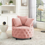 Living Room Velvet Swivel Chair with Button Tufted Design, 3 Pillows & Movable Wheels
