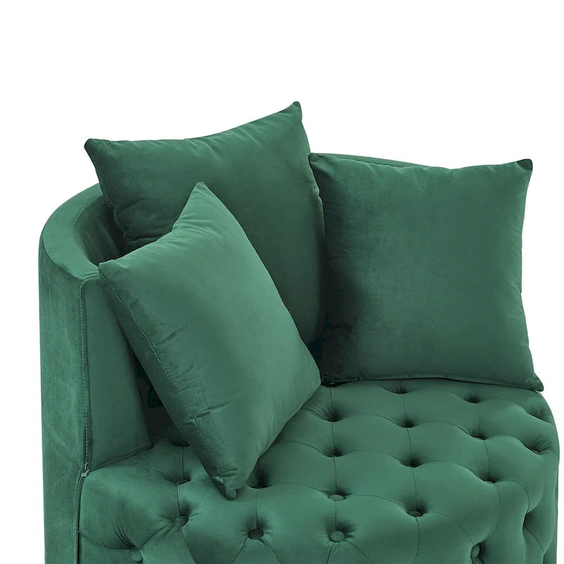 Living Room Velvet Swivel Chair with Button Tufted Design, 3 Pillows & Movable Wheels