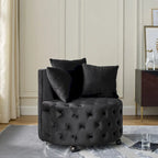 Living Room Velvet Swivel Chair with Button Tufted Design, 3 Pillows & Movable Wheels