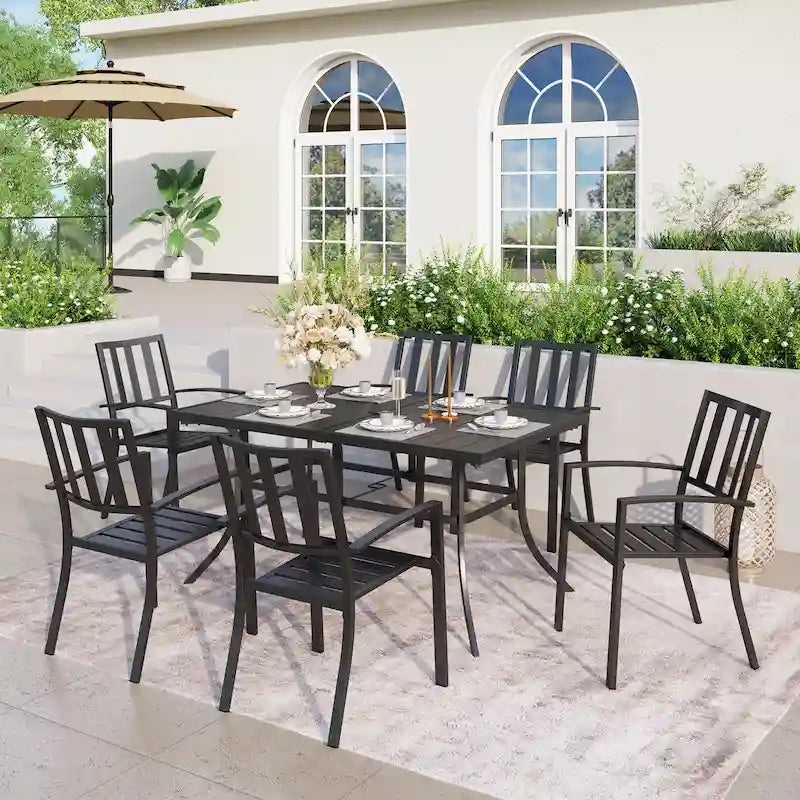MAISON ARTS Set da pranzo da 7 pezzi per patio con tavolo rettangolare in metallo con foro per ombrellone e 6 sedie da pranzo in metallo