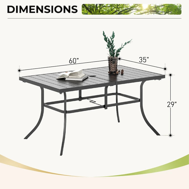 MAISON ARTS Patio Dining Set 7 Piece Metal Rectangle Patio Table with Umbrella Hole and 6 Metal Dining Chairs