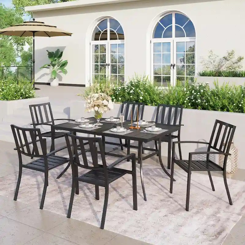 MAISON ARTS Patio Dining Set 7 Piece Metal Rectangle Patio Table with Umbrella Hole and 6 Metal Dining Chairs