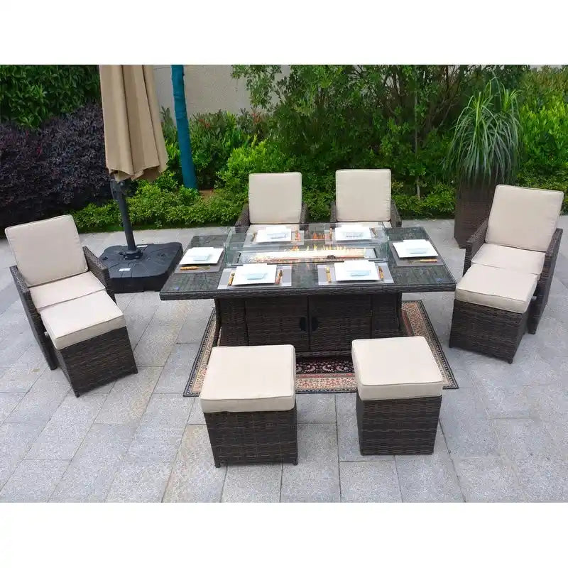 9-Piece Patio Wicker Rectangle Firepit Table with Chairs and Ottomans