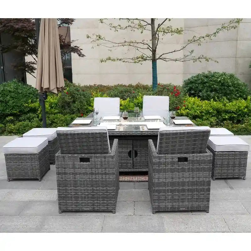 Tavolo rettangolare con braciere, sedie e pouf da patio in vimini, 9 pezzi