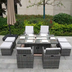 9-Piece Patio Wicker Rectangle Firepit Table with Chairs and Ottomans