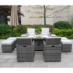9-Piece Patio Wicker Rectangle Firepit Table with Chairs and Ottomans
