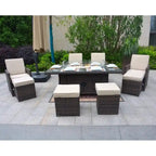 9-Piece Patio Wicker Rectangle Firepit Table with Chairs and Ottomans