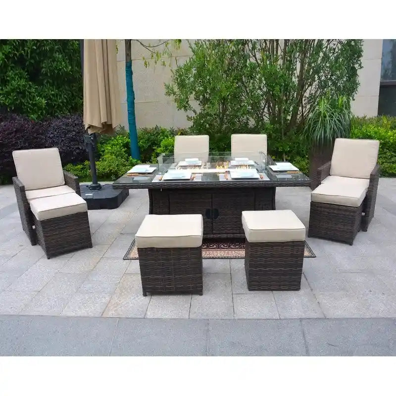 9-Piece Patio Wicker Rectangle Firepit Table with Chairs and Ottomans