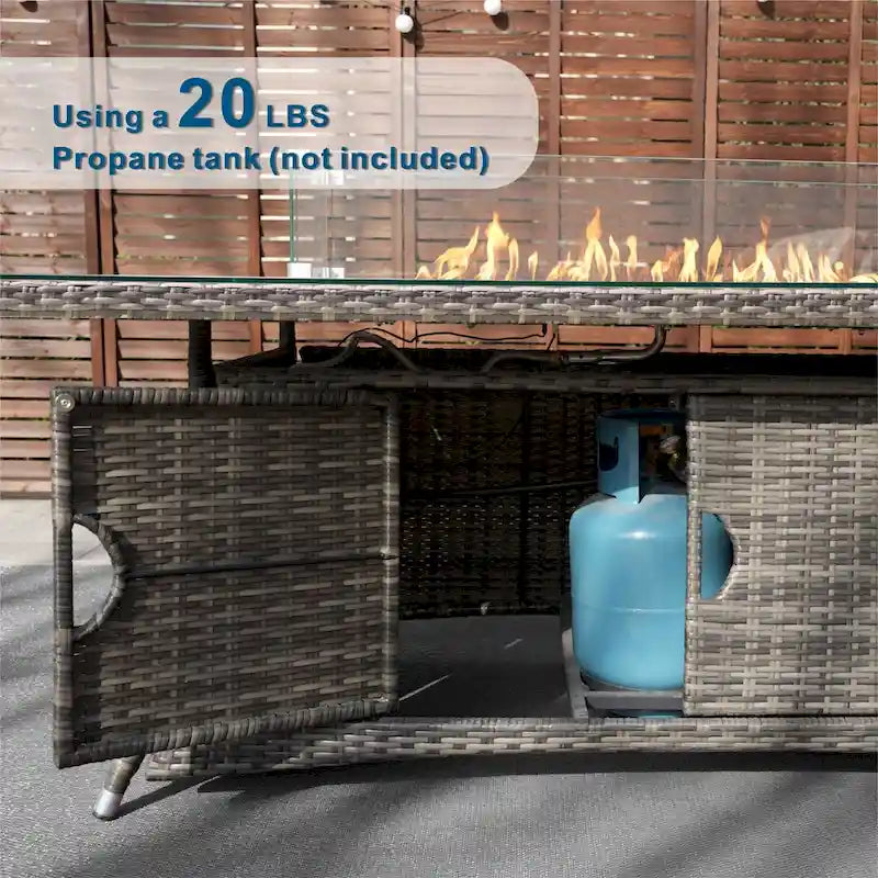 9-Piece Patio Wicker Rectangle Firepit Table with Chairs and Ottomans