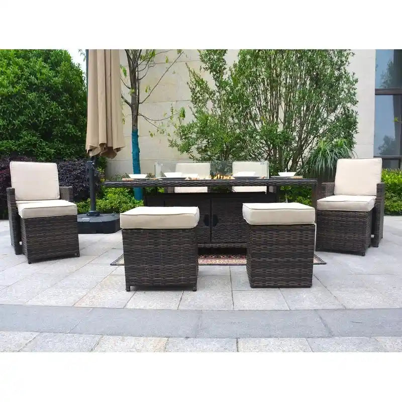 9-Piece Patio Wicker Rectangle Firepit Table with Chairs and Ottomans