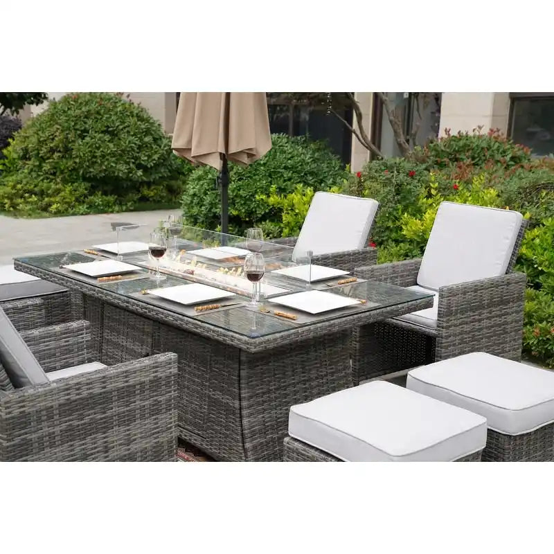 9-Piece Patio Wicker Rectangle Firepit Table with Chairs and Ottomans