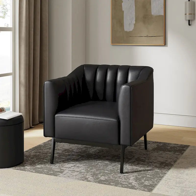 Alfons Industrial Leather Chair with Channel Tufting and Metal Leg by HULALA HOME