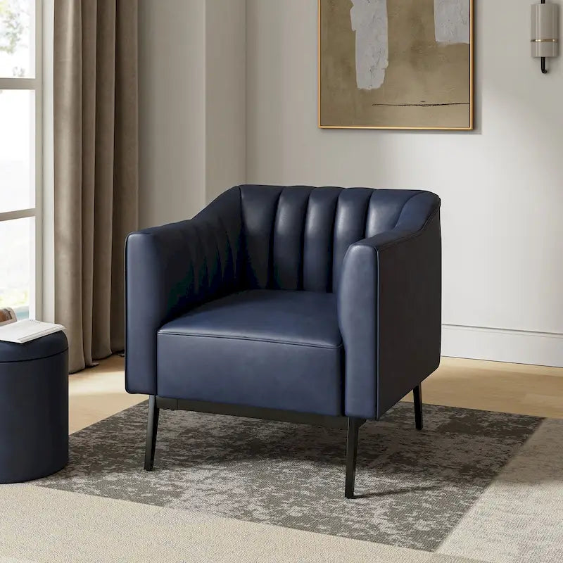 Alfons Industrial Leather Chair with Channel Tufting and Metal Leg by HULALA HOME