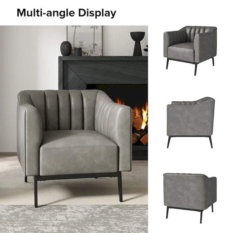 Alfons Industrial Leather Chair with Channel Tufting and Metal Leg by HULALA HOME