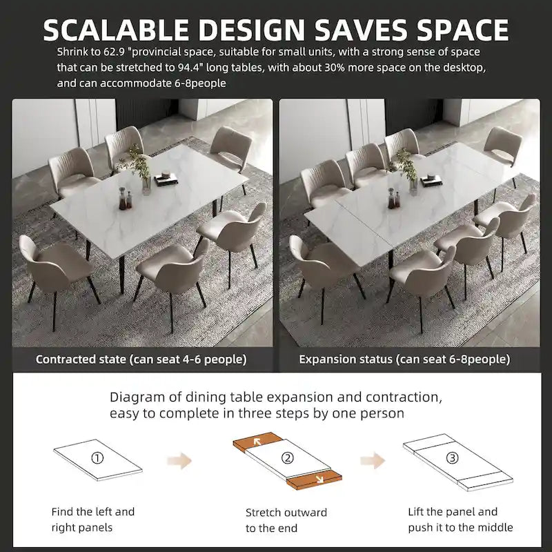 Set da pranzo allungabile da 7 pezzi da 160 cm a 240 cm con piano in pietra sinterizzata e 6 sedie