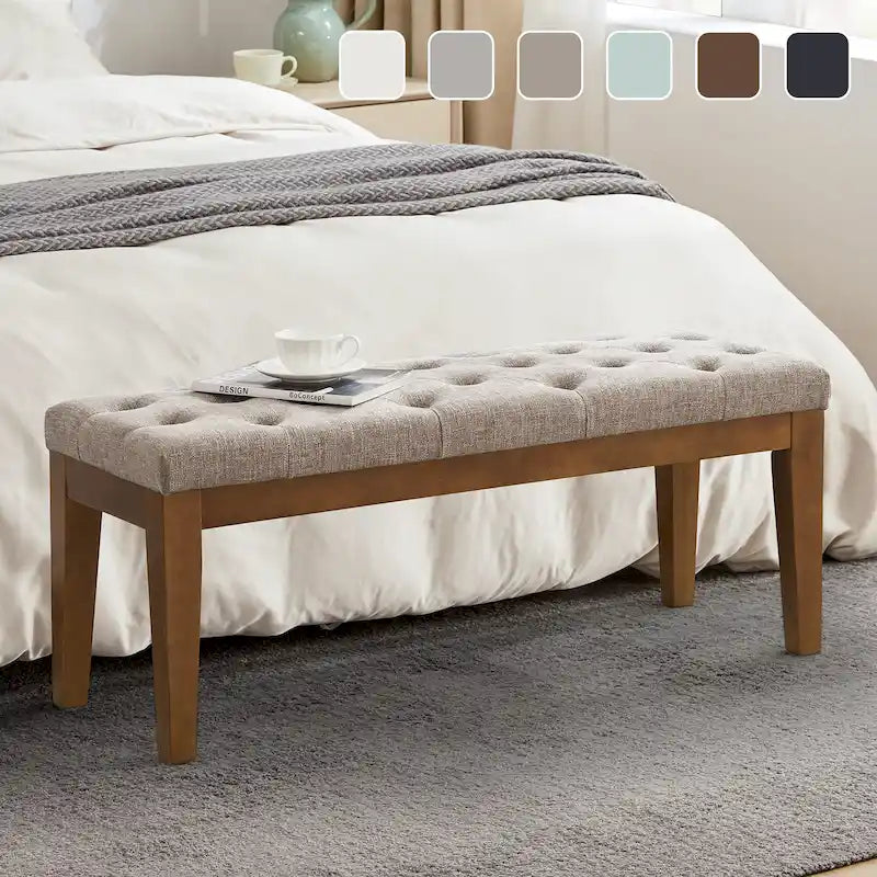 Button-Tufted Bench for End of Bed, Entryway Bench Beige/ Black/ Brown Solid Wood, Leather, Fabric 44-inch