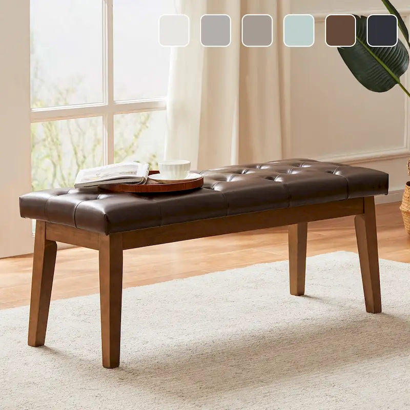 Button-Tufted Bench for End of Bed, Entryway Bench Beige/ Black/ Brown Solid Wood, Leather, Fabric 44-inch