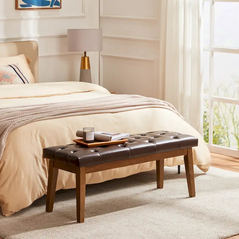 Button-Tufted Bench for End of Bed, Entryway Bench Beige/ Black/ Brown Solid Wood, Leather, Fabric 44-inch