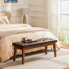 Button-Tufted Bench for End of Bed, Entryway Bench Beige/ Black/ Brown Solid Wood, Leather, Fabric 44-inch