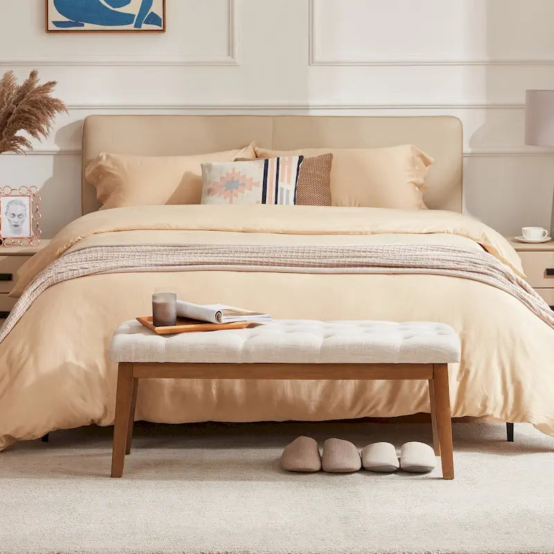 Button-Tufted Bench for End of Bed, Entryway Bench Beige/ Black/ Brown Solid Wood, Leather, Fabric 44-inch