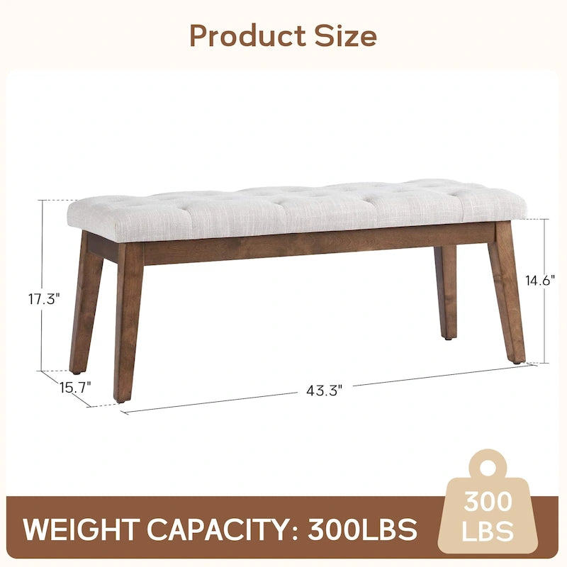 Button-Tufted Bench for End of Bed, Entryway Bench Beige/ Black/ Brown Solid Wood, Leather, Fabric 44-inch