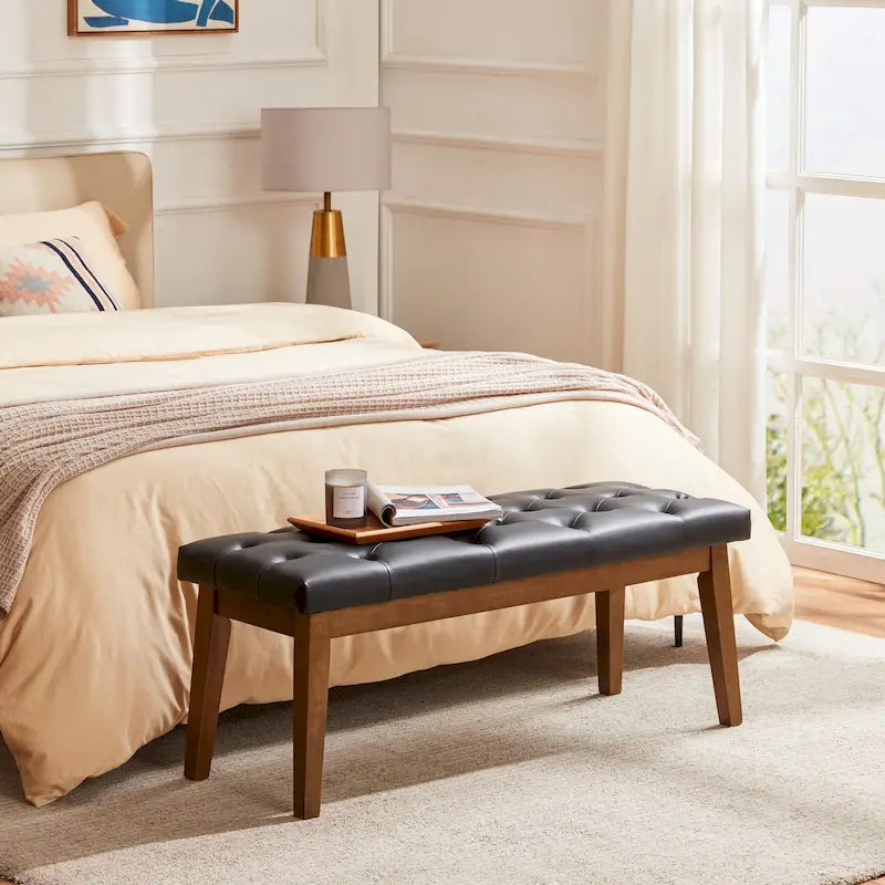 Button-Tufted Bench for End of Bed, Entryway Bench Beige/ Black/ Brown Solid Wood, Leather, Fabric 44-inch