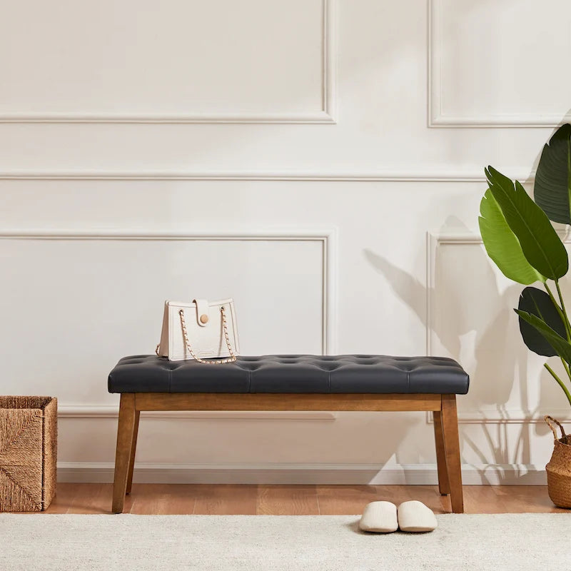 Button-Tufted Bench for End of Bed, Entryway Bench Beige/ Black/ Brown Solid Wood, Leather, Fabric 44-inch