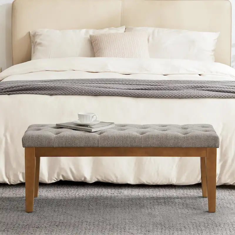 Button-Tufted Bench for End of Bed, Entryway Bench Beige/ Black/ Brown Solid Wood, Leather, Fabric 44-inch