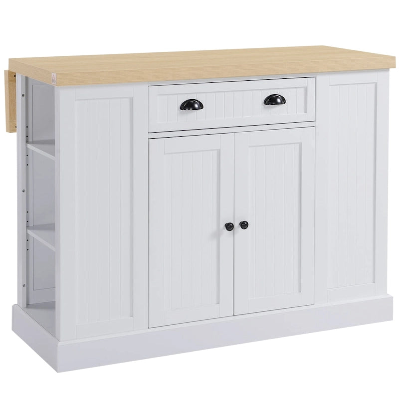 HOMCOM Fluted-Style Wooden Kitchen Island, Countertop with Drop Leaf, Drawer, Open Shelves, Storage