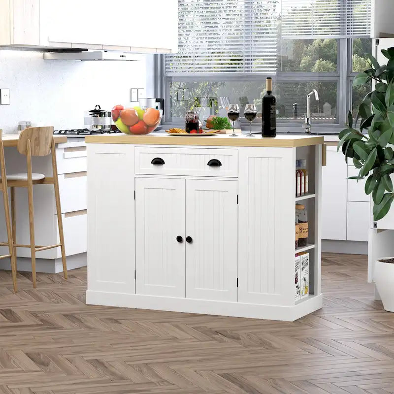 HOMCOM Fluted-Style Wooden Kitchen Island, Countertop with Drop Leaf, Drawer, Open Shelves, Storage