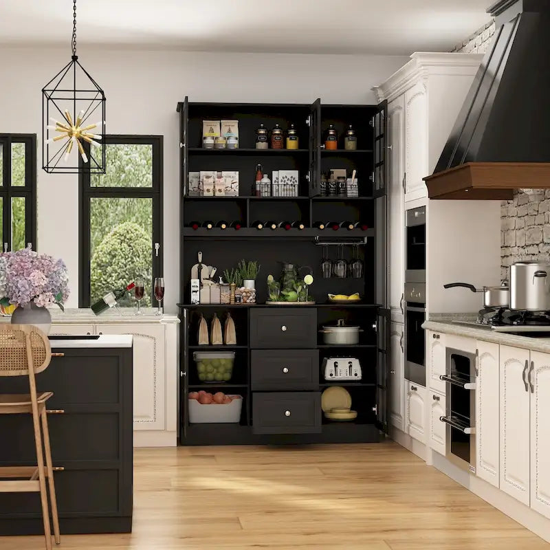 79Pantry Storage Cabinet Glass Doors Sideboard Buffet Cabinet Lacquer