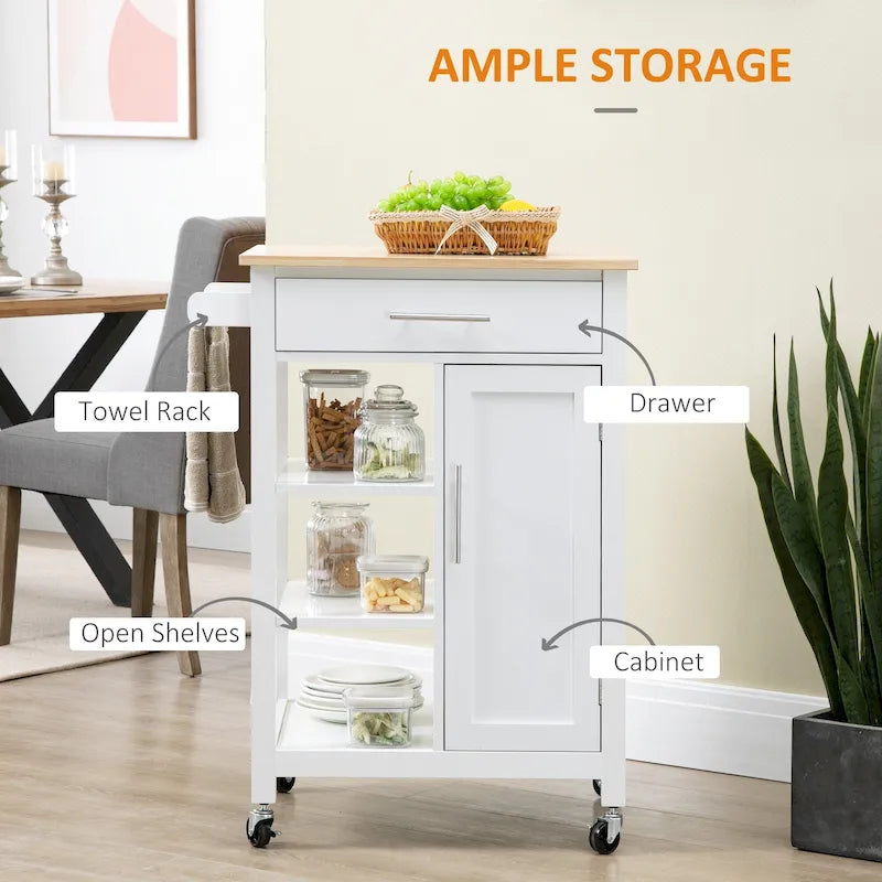 HOMCOM Compact Kitchen Island Cart on Wheels, Rolling Utility Trolley Cart with Storage Shelf & Drawer for Dining Room