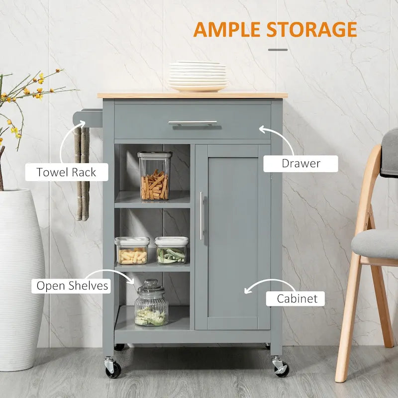 HOMCOM Compact Kitchen Island Cart on Wheels, Rolling Utility Trolley Cart with Storage Shelf & Drawer for Dining Room