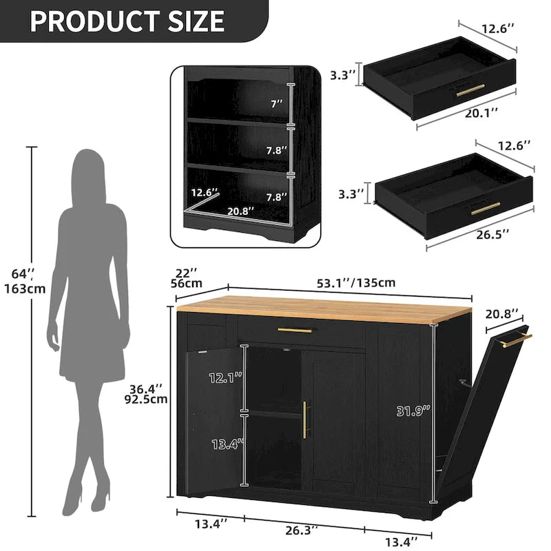 Moasis 53-inch Rolling Kitchen Island Storage Cabinet Portable Mobile Kitchen Cart