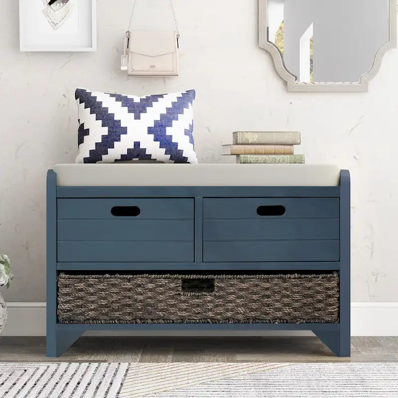 Storage Bench with Removable Basket and 2 Drawers, Fully Assembled Shoe Bench with Removable Cushion - 32 L x 11.8 W x 20 H