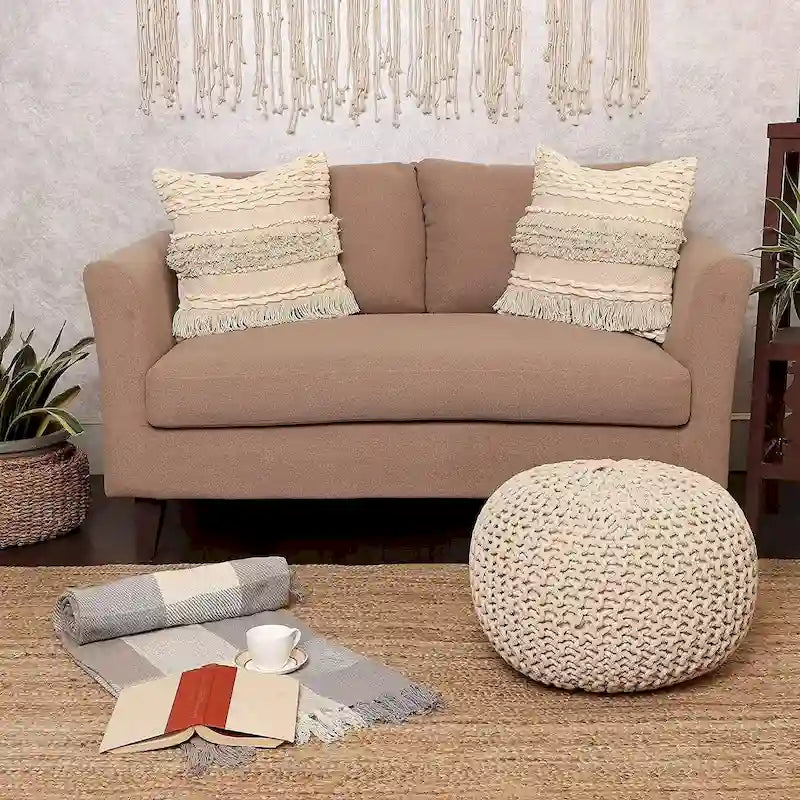 Hand Knitted Pouf Cotton Braided Cord Cable Ottoman - Foot Stool - Accent Seat Furniture Bean Bag - Living Room Kids - 18x18x14